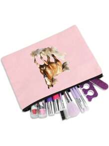 Charming Watercolor Horse Theme Printed Zipper Makeup Bag, Fashionable Large Capacity Makeup Bag, Cosmetic Bags, Skin Care Product Storage Bags, Travel Makeup Bag, Solid Color Zipper Bag, Large Capacity Style Bag, Bathroom Organizer Holiday Essentials Holiday Travel Essentials Travel Bag Travel Accessories - Pink - View 8