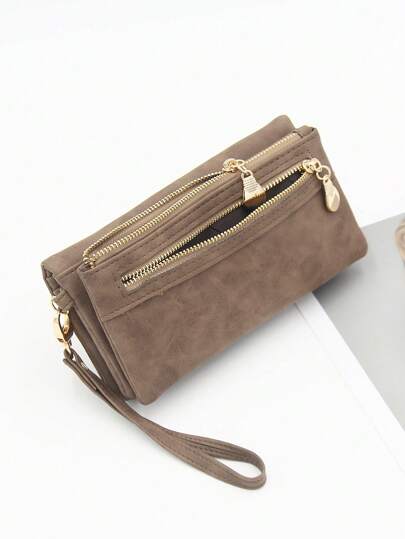 Long Brown Double Zipper Handbag, Premium Portable Long Wallet, Vintage Distressed PU Leather, Large Capacity, Multifunctional Women's Folding Wallet, Daily Convenient Women's Wristlet, Women's Multi-Card Bank Card ID Holder Casual Portable Phone Wallet