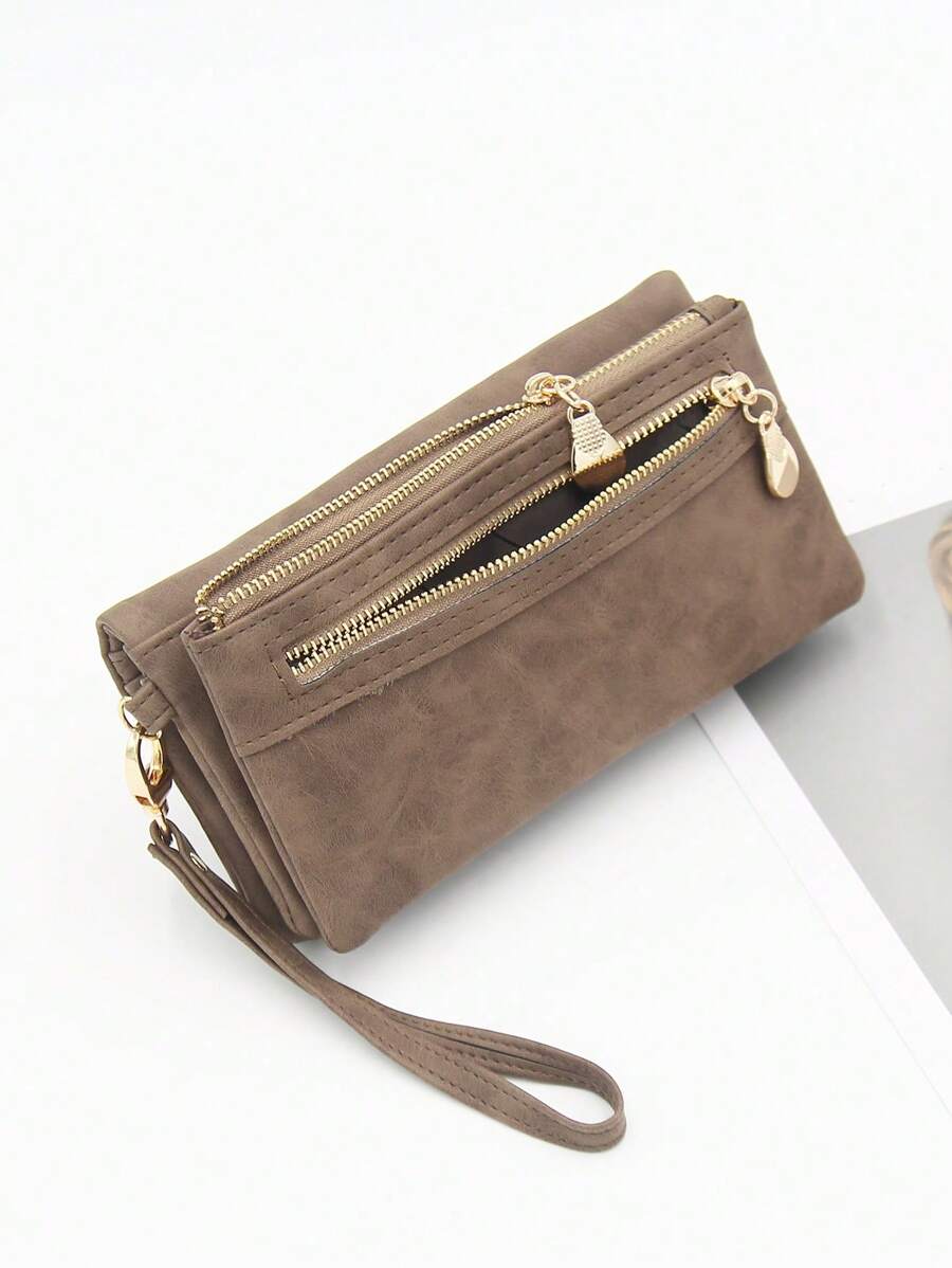 Sac à main marron à double fermeture éclair, portefeuille long premium portable, PU vintage et usé, grande capacité, portefeuille pliant multifonctionnel pour femme, pochette pratique pour femme au quotidien, porte-cartes bancaires et porte-téléphone casual et portable pour femme