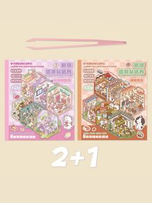 18/34 pièces Mini autocollants décoratifs pour maison, autocollants de scène (12/24 pièces de motifs + 6/12 pièces de carton de montage), autocollants de paysage de maison miniature 3D pour enfants, DIY, scrapbooking, jouets, réutilisables, options de taille multiples