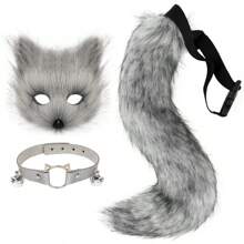 Faux Fur Fox Mask Wolf Cat Fluffy Tail And Leather Necklace Set Halloween Cosplay Party Costume Accessory, Rave - Multicolor - View 17