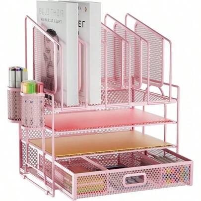 Marbrasse Desk Organizers, 4-Tier Mesh Desk File Organizer With 5 Vertical File Holders And 2 Pen Holders, Multifunction Desktop Organizer,Desk Organizers And Accessories Home Office (Silver)