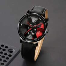 1 时尚休闲男士石英表，真皮表带，圆形锌合金表壳，内置电池的石英表 - 紅色 - 查看 1