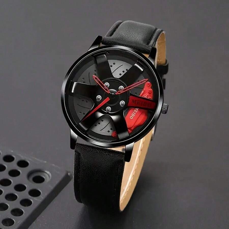 1 时尚休闲男士石英表，真皮表带，圆形锌合金表壳，内置电池的石英表 - 紅色 - 查看 1
