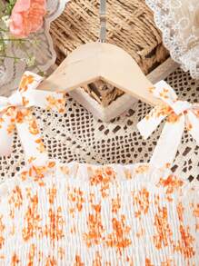 Young Girl Floral Print Spaghetti Strap Bowknot Ruffle Hem Dress - Yellow - View 5