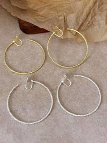 2pcs Fashion Oversized Diamond Textured Hoop Earrings For Women, Rotatable One-Piece Simple Design Non-Pierced Earrings - Clip - View 9