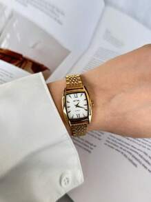 sottas Ny minimalistisk fyrkantig guldfärgad tunnformad numerisk urtavla Casual Niche Lyxig elegant klassisk retro damkvartsklocka med stålband - Vitt - Visa 2