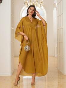 优雅女士金色缎面长袍 蝙蝠袖 系带 端庄连衣裙 长款晚礼服