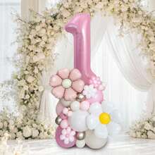 33 件/套马卡龙粉色数字气球柱，40 英寸，大尺寸粉色铝箔数字气球配雏菊铝箔气球，适用于雏菊主题生日、婚礼、母亲节装饰、生日气球、女性周年纪念装饰。婚礼，性别揭晓（0-9）