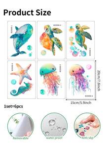6 Blatt pro Set dekorative Badewannenaufkleber mit Motiven von Meeresschildkröte, Qualle, Walfischmuschel, Badezimmerdekoration, selbstklebend, blumenförmig, rutschfest, abnehmbare PVC Badewannenaufkleber, personalisierte Aufkleber