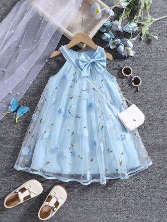 Girls' Summer Fashion Princess Style 3D Floral Mesh Bow Decor Sleeveless Dress With Crossbody Bag