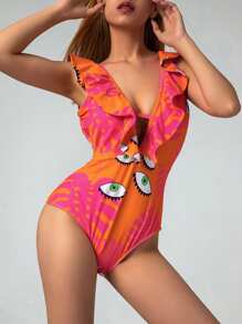 Female One-Piece Swimsuit Eyes Leaves Print V-Neck Sleeveless Ruffle Swimwear For Women, S/M/L/XL - Orange - View 4