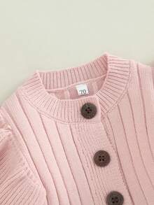 Baby Girls Knitted Long Sleeve Jumpsuit Fashion Solid Color Round Neck Button Long Romper - Pink - View 5