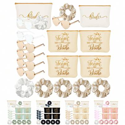 15 pezzi Set regalo per damigelle d'onore, 5 borse cosmetiche per la sposa, 5 elastici per capelli da sposa, 5 occhiali a forma di cuore per festa di addio al nubilato e matrimonio