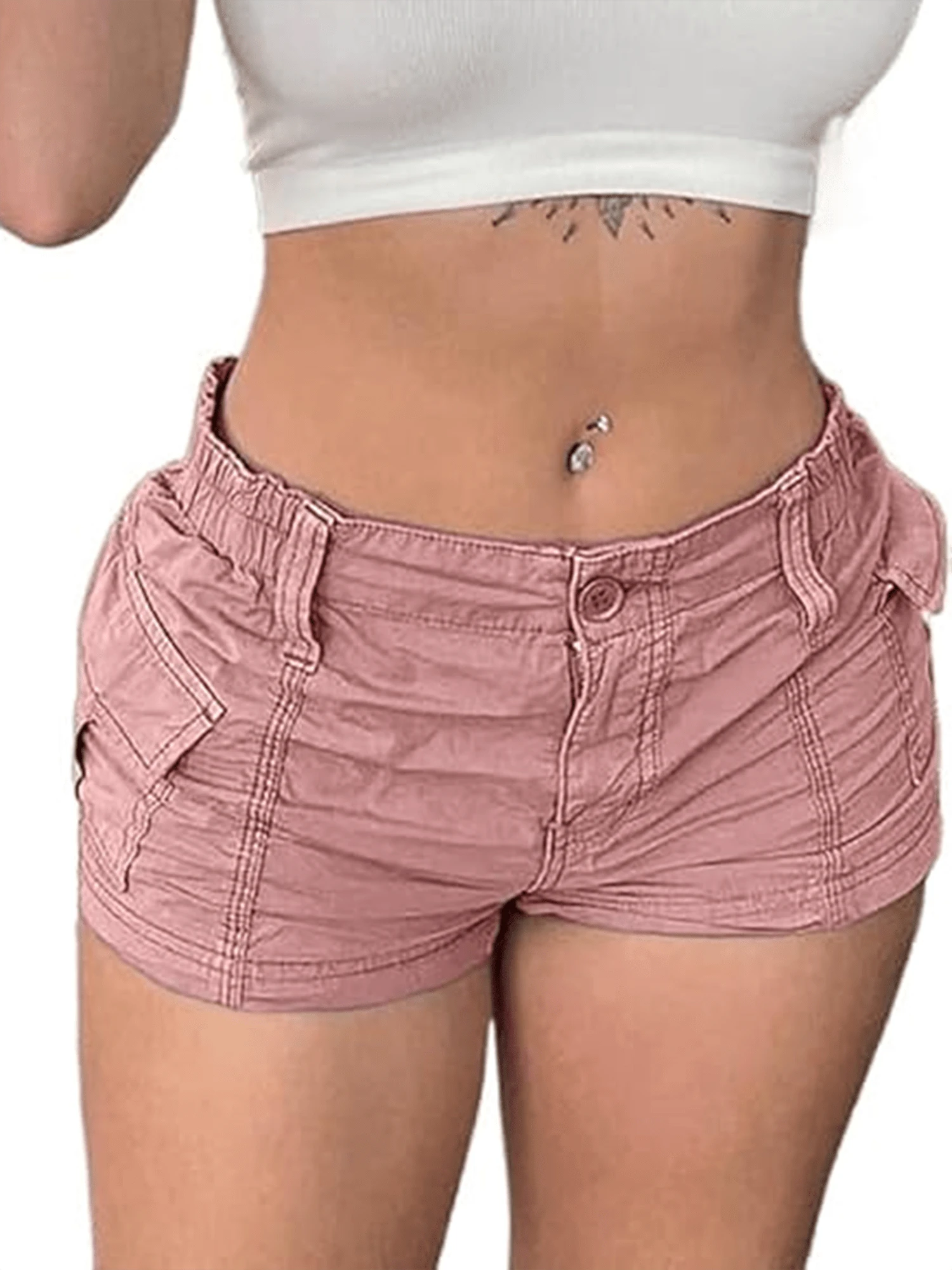 Women Cargo Shorts Solid Color Vintage Elastic Casual Summer Low Waist Shorts With Pockets For Club Streetwear - 粉色 - 查看 1