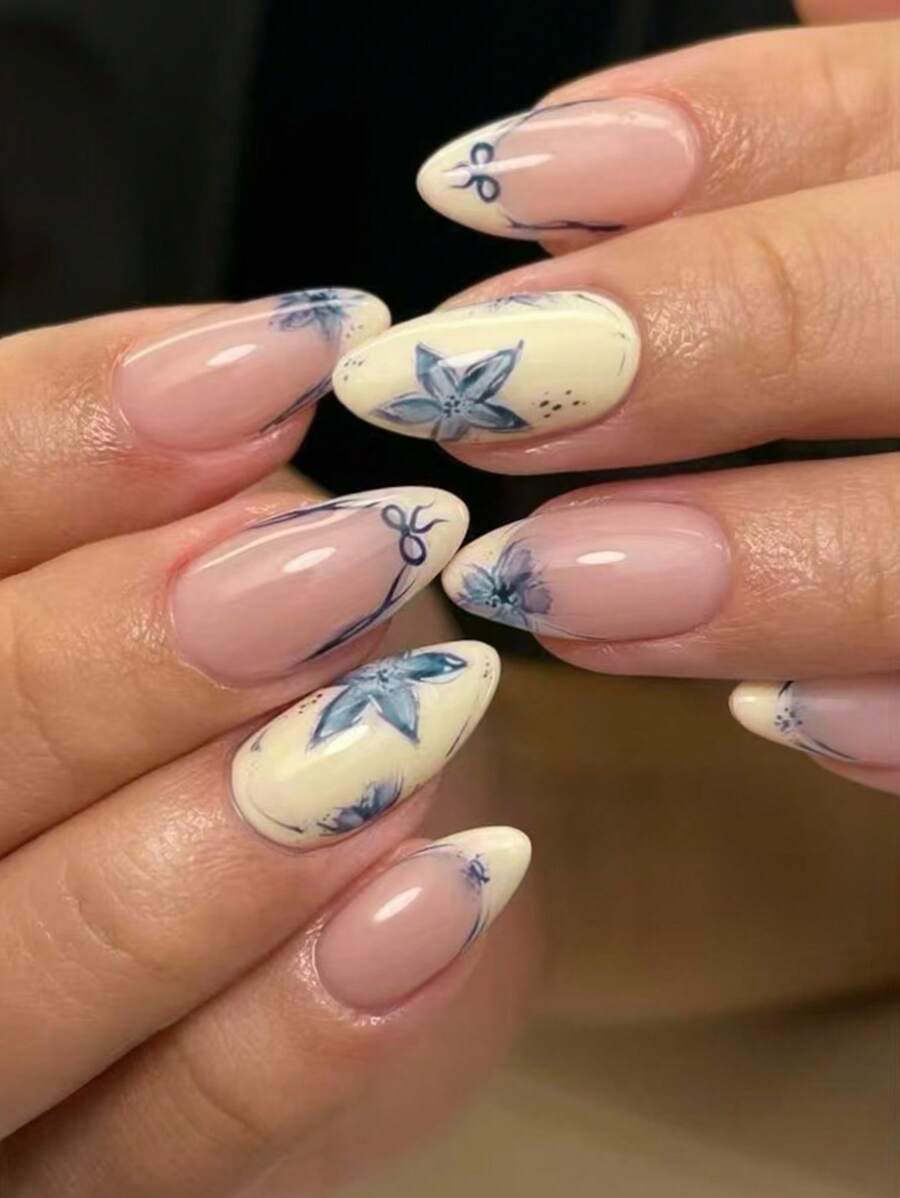 24 件长杏仁花设计法式尖头按压指甲杏仁完美贴合丙烯酸假指甲套装，包括：1 件果冻胶和 1 件指甲锉，花朵指甲和夏季指甲适合女士和女孩日常佩戴和派对使用指甲用品指甲