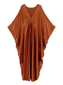 Elegant Women's Gold Satin Kaftan Robe, Batwing Sleeve Casual Dress Spring - 棕色 - 查看 3
