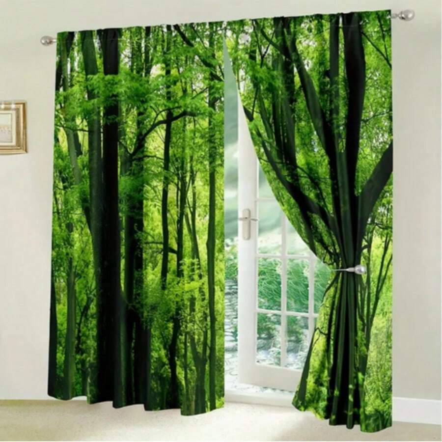 2 Stücke Waldvorhänge, grüne Bäume & Baumäste, Naturlandschaft, dekorativ für Schlafzimmer, Wohnzimmer, Gardinenschiene, Fensterbehandlung Vorhänge für Wohnzimmer, Küche Raumdekoration Wohnzimmerdekoration Küchendekoration Schlafzimmerdekoration