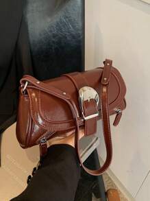 1pc Coffee PU Motorcycle Crossbody Bag, Niche Chic Sweet Hot Girl Design Shoulder Bag, High-End Quality Versatile Baguette Handbag