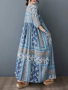 AZAH Đầm maxi cỡ lớn kiểu Bohemian mới năm 2026, tay lửng kiểu cánh dơi, cổ chữ V, có túi, dáng chữ A, chất liệu vải dệt, thích hợp làm quà tặng Ngày của Mẹ, họa tiết hoa Bohemian dài. - Màu xanh lam - Xem 7