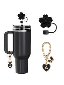 兼容 杯配件 1 件黑粉色吸管盖，用于杯吸管盖，1 件可爱心形字母和圆形字母饰物，适用于 30&40 盎司带手柄玻璃杯，字母饰物配件的长度为 3.94 英寸。个性化字母配件