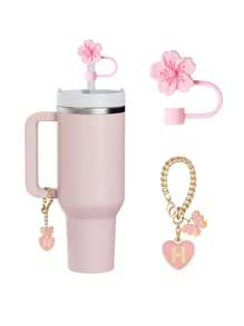 兼容 杯配件 1 件黑粉色吸管盖，用于杯吸管盖，1 件可爱心形字母和圆形字母饰物，适用于 30&40 盎司带手柄玻璃杯，字母饰物配件的长度为 3.94 英寸。个性化字母配件