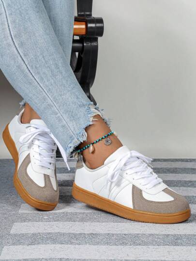 Versatile Khaki & White Patchwork Shoes, Retro Casual, Fashionable For Commuting, Unisex Wide Fit, City Training Shoes Series, Commuting, Fitness, Travel, Round Toe, Low-Top, Multi-Function, Holiday Gift, Wide Fit Non-Tiring Women's Shoes (Please Refer To The Size Chart To Select According To Your Foot Length And Palm Circumference)