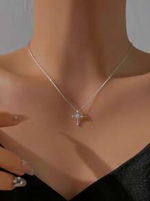 1pc S925 Sterling Silver Cross Pendant Niche Luxurious Necklace, Delicate Collarbone Chain, Gentle Style Daily Wear Gift - Cross - View 7
