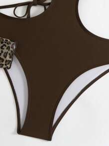 2pcs Set Fashion Leopard Print Mesh Halter Tankini Swimsuits With Tie-Front & Hollow-Out Details - Brown - View 7