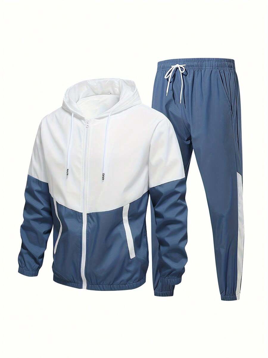 Men's Windproof Breathable Color Block Running & Fitness Tracksuit, Includes Jacket And Pants, Boyfriend Style, Sportswear, Casual Sports Set