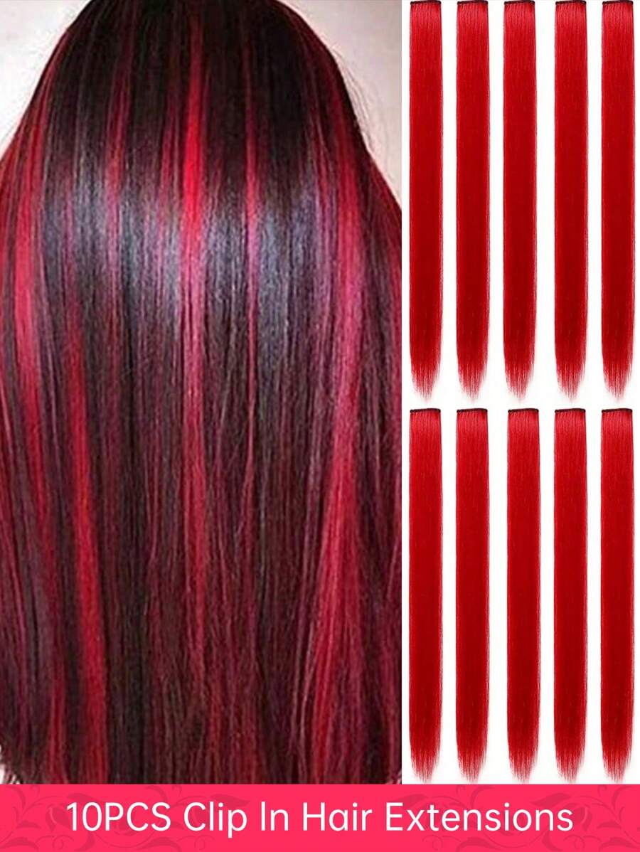 10pcs Red Colored Clip-In Hair Extensions, Straight Hair For Women, Highlight Hair Pieces, Suitable For Daily Wear, Parties, Cosplay And Halloween Princess Party, 22 Inches - Red - View 1