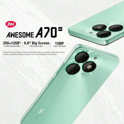 itel A70 绿 4GB+256GB 手机，6.6英寸高清+超窄底框+侧边指纹+旗舰复合板工艺外观，超级省电，美颜相机，AI拍照，人脸解锁动画，内存融合，查找我的手机，iOS风格UX，水滴版智慧岛，安卓13，5000mAh长续航+Type-C 10W快充