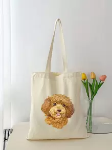 Chic Poodle Print Linen Tote Bag, Reusable Printed Women'S Tote Bag, Double Handle Shopping School Bag, Large Capacity Shoulder Bag, Casual Tote Bag, Christmas Storage Bag, Suitable For Commuting, School And Shopping, Convenient For Outdoor Use, Gift For Friends And Besties, Teacher Gift, Perfect Choice For Vacation And Festival, Best Teacher Christmas, Thanksgiving Gifts