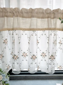 1pc Pink Floral Embroidery Semi Sheer Linen Cafe Curtain Retro Farmhouse Style Short Curtain For Kitchen Dining Room Window Rod Pocket Top