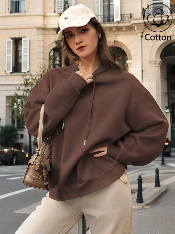 Moletom feminino com ombros caídos, roupas básicas grandes e curvas, moletom com capuz com cordão, solto, casual, versátil, estilo universitário de rua, primavera e outono, tops respiráveis, manga comprida.