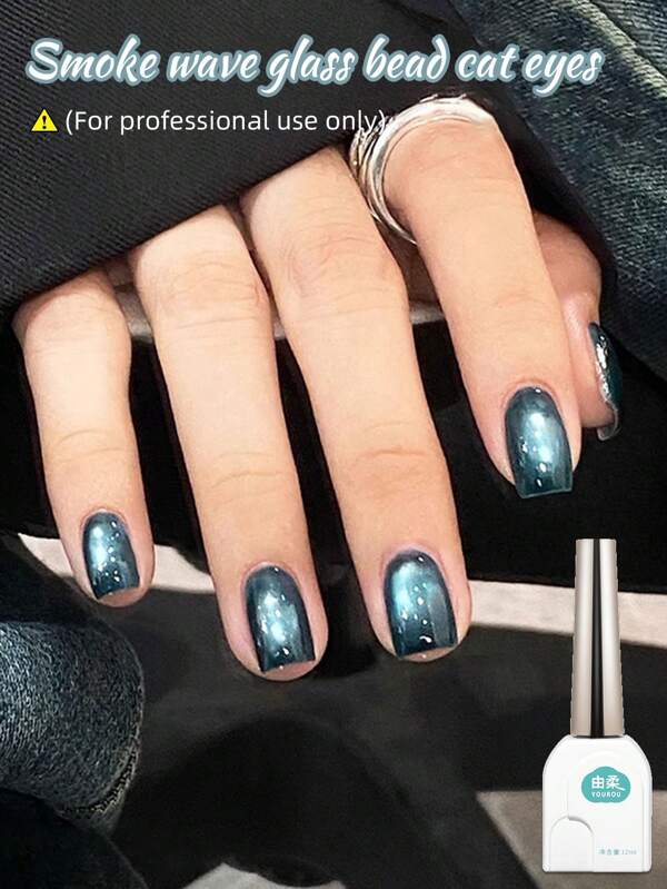 1pc 12ml Smoky Blue Glass Pearl Cat Eye Gel, Fine Magnetic Powder Porcelain White Glitter Effect, Magnetic Cat Eye Gel Nail Polish, Semi-Permanent, UV/LED Cured, Suitable For DIY Nail Salon And Nail Care