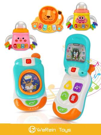 WeRein 婴儿感官灯光和声音玩具电话和奶瓶套装 - 带闪光灯、音乐和材料的互动早期学习婴儿玩具，适合 0-36 个月新生儿，高档节日礼品包装