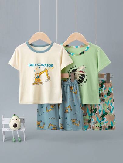 4 Stücke/Set Kinder Camouflage Dinosaurier & Bagger Muster Kurzarm Shorts Pyjama Set, weiche Baumwolle Jungen Sommer Sleepwear Outfit