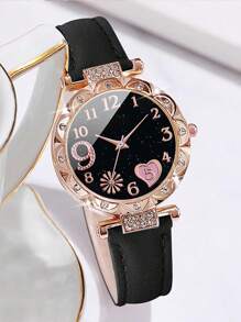 2pcs/1set Elegant And Fashionable Watch For Women PU Leather Watch Straps Bracelet With Rhinestones Classic Casual Multifunctional Fashion Style Best Gifts