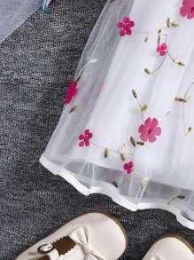 女童 3D 花卉网眼蝴蝶结装饰露背连衣裙，配单肩包，时尚优雅夏季 - 玫紅色 - 查看 8