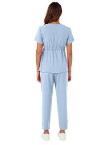 1 Set With Tie-Waist Short Sleeve Pocket Top And Elastic Waist Pants, Nursing Scrub Set Spring - Baby Blue - View 3