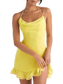 Womens Sling Dress Spaghetti Straps Halter Neck Backless Solid Color Ruffle Trim Summer Mini Cami Dresses - Yellow - View 2