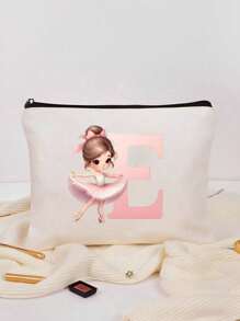 1 Stück niedlicher Ballett Mädchen 26 Buchstaben Initialen Muster Leinwand Kosmetiktasche Aufbewahrungstasche, Geschenk mit Ballett Mädchen Motiv für Mädchen, großvolumige leichte Reise-Kulturtasche - Muttertagsgeschenk, einzigartiger Aufbewahrungsbeutel, Kosmetiktasche, Urlaubsgeschenktasche