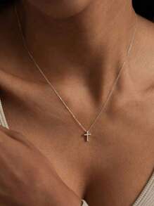 1pc Fashionable Simple Silver Tone Cross Pendant Necklace Decorated With White Rhinestones - Silver - View 4