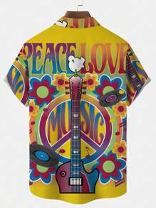 Vintage Hippie Music 3D Graphic Print Button Down Aloha Shirt For Men