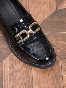 Women's Black Patent Leather Slip-On Loafers, Round Toe With Metal Buckle, Suitable For Work And Casual Occasions, Showcasing Fashionable Charm - Black - View 5