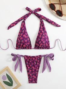 LUCKY HOLIDAY Conjunto de bikini con diseño vintage, cuello de halter y cordones, traje de baño sexy y de moda para damas