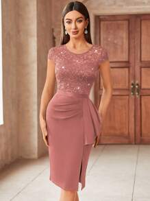 MIUSOL 优雅撞色蕾丝亮片拼接荷叶边裹身修身连衣裙，半正式女士连衣裙，适合鸡尾酒会、度假、毕业典礼、晚宴及其他场合。 - 藕粉色 - 查看 6