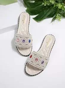 Women's Fashion Slip-On Slippers, 2025 New European & American Style, French & Korean Casual Versatile Sandals, Pearls & Rhinestone Decor, Comfortable Flat Vacation Beach Shoes