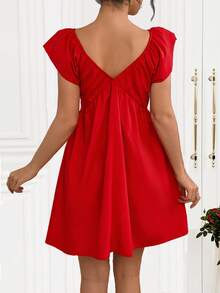 Váy dệt chữ A tay lỡ cổ chữ V thắt eo màu tương phản thanh lịch - Đỏ - Xem 2